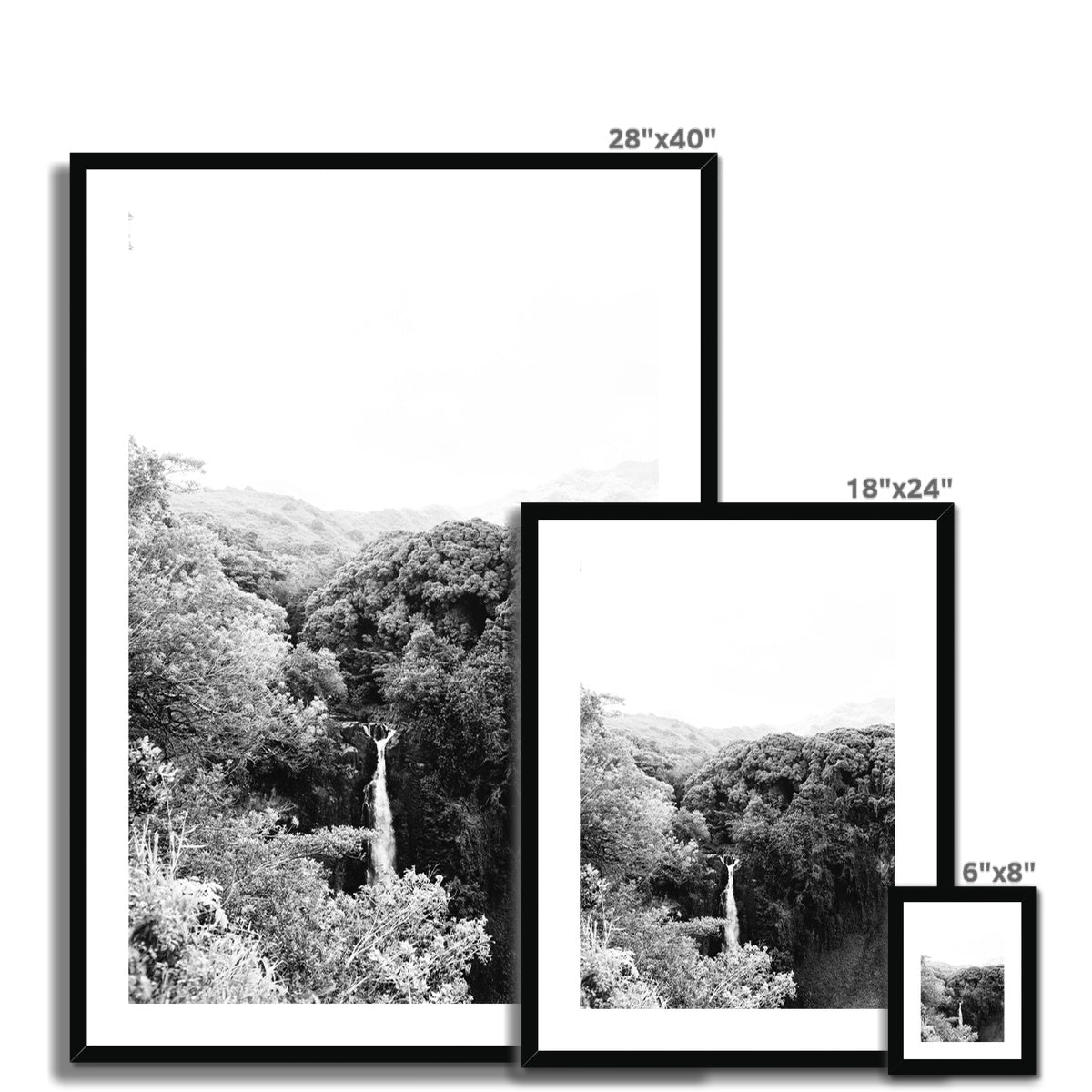 ROAD TO HANA WATERFALL BW Framed & Mounted Print